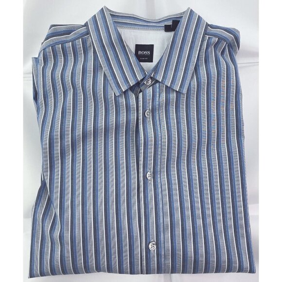 Hugo Boss Men’s Sz XXL Blue Vertical Striped Button Up Front Shirt 2XL Ronny - Picture 6 of 10